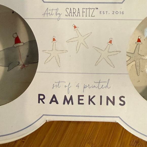 Sara Fitz NIB Set of 4 Printed Ramekins Christmas Whales & Starfish - Picture 1 of 5